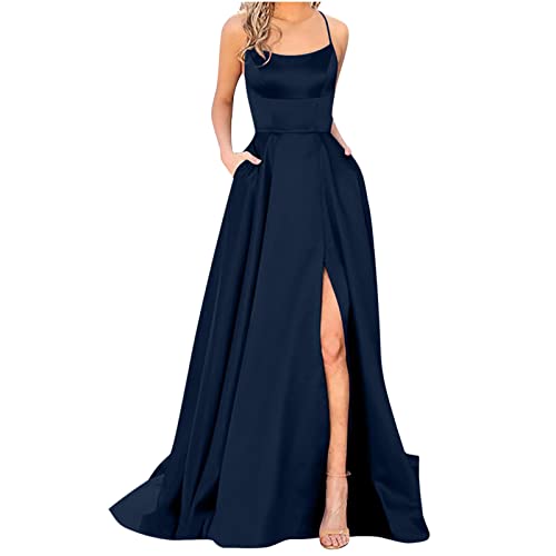 Kleid Hochzeitsgast Damen Elegant Lange Ballkleider Satin A-Linie Hochzeitskleid Abendkleider Sexy Neckholder Spaghetti Brautkleid Kleider Lang Seitenschlitz Cocktailkleid Prinzessin Brautjungfer von Huoghebg