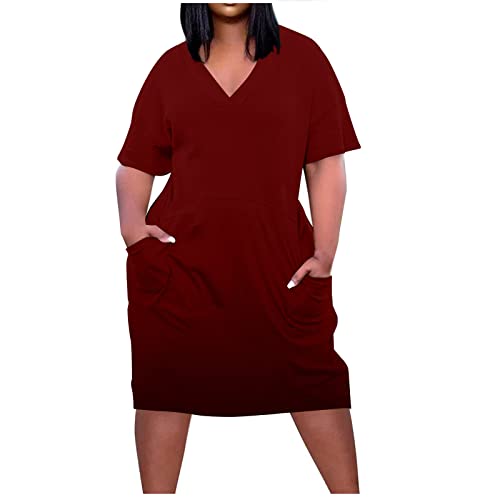 Kleider Für Mollige Frauen, Sommerkleid Damen Große Größe Tunika Kleid Knielang Tshirt Kleid Elegant Kurzarm Midi mit Taschen Blusenkleid V Ausschnitt A Linie Leicht Luftig Shirtkleid Plus Size von Huoghebg