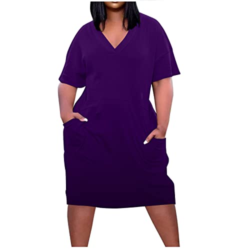 Kleider Für Mollige Frauen, Sommerkleid Damen Große Größe Tunika Kleid Knielang Tshirt Kleid Elegant Kurzarm Midi mit Taschen Blusenkleid V Ausschnitt A Linie Leicht Luftig Shirtkleid Plus Size von Huoghebg