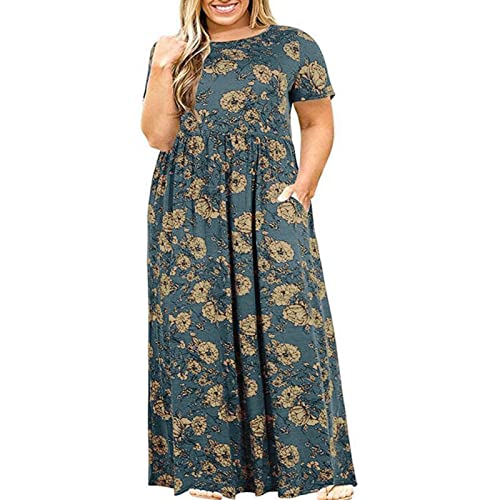 Kleider Für Mollige Frauen Blumen Lange Sommerkleid Damen Große Größen Luftige Sommerkleider Kurz Ärmeln Maxikleider Übergröße Frauen Lang Leicht Elegante Freizeitkleid Damenkleider mit Taschen von Huoghebg
