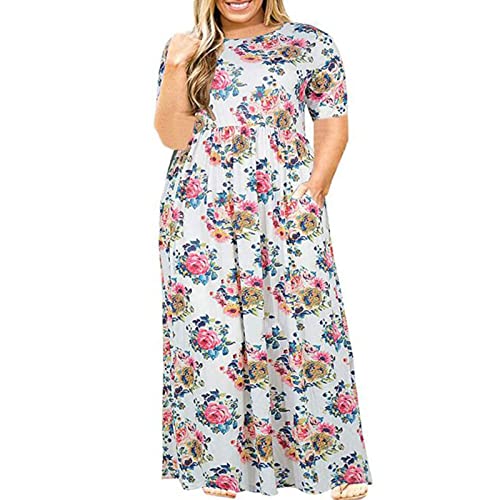 Kleider Für Mollige Frauen Blumen Lange Sommerkleid Damen Große Größen Luftige Sommerkleider Kurz Ärmeln Maxikleider Übergröße Frauen Lang Leicht Elegante Freizeitkleid Damenkleider mit Taschen von Huoghebg
