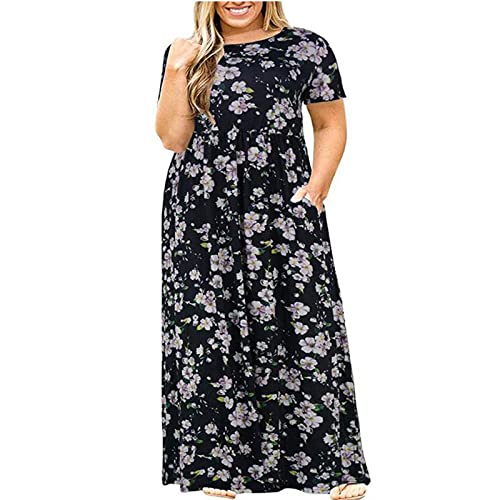 Kleider Für Mollige Frauen Blumen Lange Sommerkleid Damen Große Größen Luftige Sommerkleider Kurz Ärmeln Maxikleider Übergröße Frauen Lang Leicht Elegante Freizeitkleid Damenkleider mit Taschen von Huoghebg