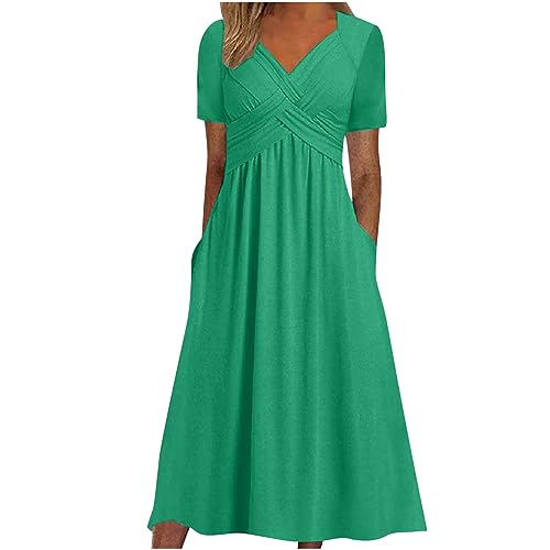 Langes Kleid Für Damen Sommer V-Ausschnitt Frauen Elegant Lang Sommerkleid A Linie Kleider Mit Taschen Maxikleid Frauen Leicht Und Luftig Strandkleid Lockeres Damenkleider Einfarbig Freizeitkleider von Huoghebg