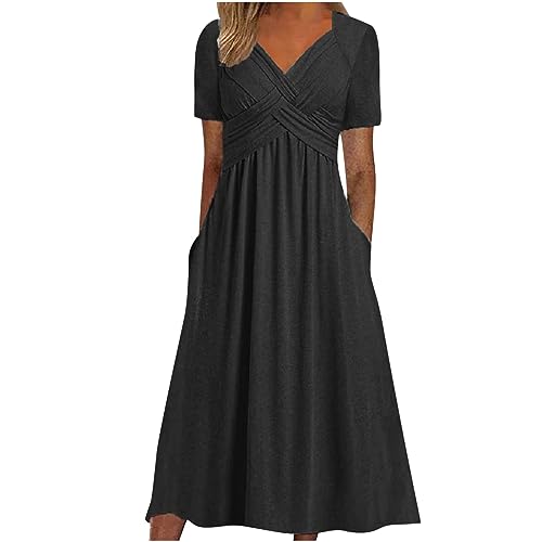 Langes Kleid Für Damen Sommer V-Ausschnitt Günstig Elegant Lang Sommerkleid A Linie Kleider Mit Taschen Maxikleid Frauen Leicht Und Luftig Strandkleid Lockeres Damenkleider Einfarbig Freizeitkleider von Huoghebg