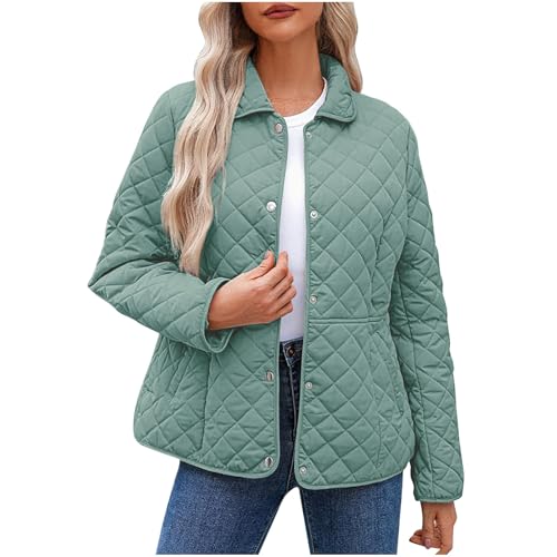 Leichte Steppjacke Damen Modische Einfarbig Winterjacke Warme Langarm Wintermantel Locker Übergangsjacke Langarm Button Down Diamond Puffer Jacke Mäntel mit Taschen Freizeitjacke Bequem Outdoorjacke von Huoghebg