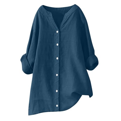 Leinenbluse Damen Bluse Sale Clearance Damen Sommer Tunika V-Ausschnitt Große Größen Blusenshirt Langarmshirt Leinen Baumwolle Hemd Oberteile Einfarbig Elegant Shirt Knopfleiste Blusen von Huoghebg