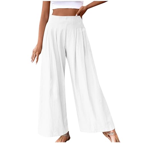 Leinenhose Damen Sommer, Musselin Hose Damen Hose Weites Bein Baumwolle Leinen Sommerhose Lang Elastisch Hohe Taille Freizeithose Strandhose Leichte Loose Boho Hosen mit Taschen Bequeme Stoffhose von Huoghebg