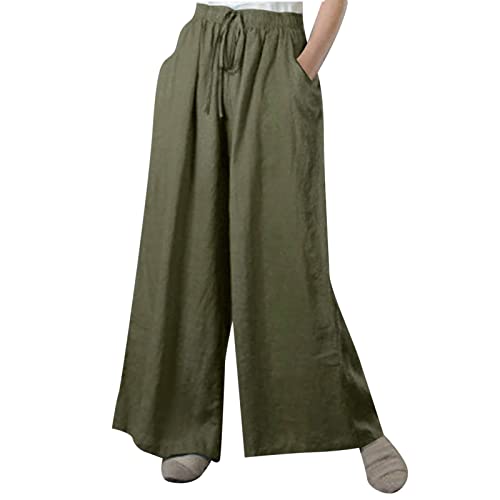 Leinenhose Damen Sommer Alle, Musselin Hose Damen Lang Sommerhose Baumwolle Leinen Leicht Strandhose Loose Fit Locker Stoffhose Weite Beine Baumwoll Palazzo Hose mit Taschen von Huoghebg