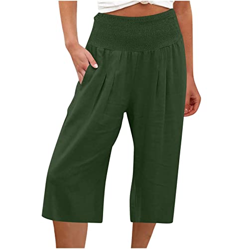 Huoghebg Leinenhose Damen Sommer Frauen, 3/4 Hose Damen Hose Casual Leinen Leicht Hosen Weites Bein Palazzo Lose Freizeithose Hohe Taille Einfarbig Sommerhose Stoffhose mit Taschen Elastischer Bund von Huoghebg