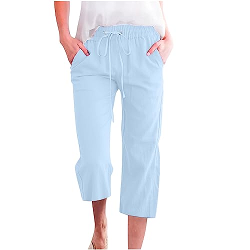Leinenhose Damen Sommer Sale Angebote 3/4 Musselin Hose Leicht Leinen Sommerhose Mit Taschen Causal Locker Baumwolle Caprihose Elastische Bequeme Stoffhose Sport Freizeit Strandhose Mit Tunnelzug von Huoghebg