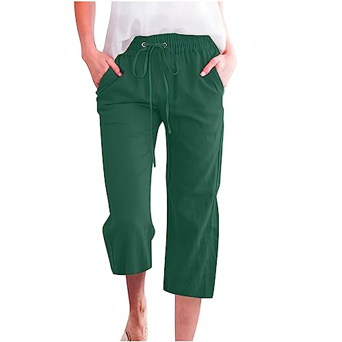 Huoghebg Leinenhose Damen Sommer Frauen 3/4 Musselin Hose Leicht Leinen Sommerhose Mit Taschen Causal Locker Baumwolle Caprihose Elastische Bequeme Stoffhose Sport Freizeit Strandhose Mit Tunnelzug von Huoghebg