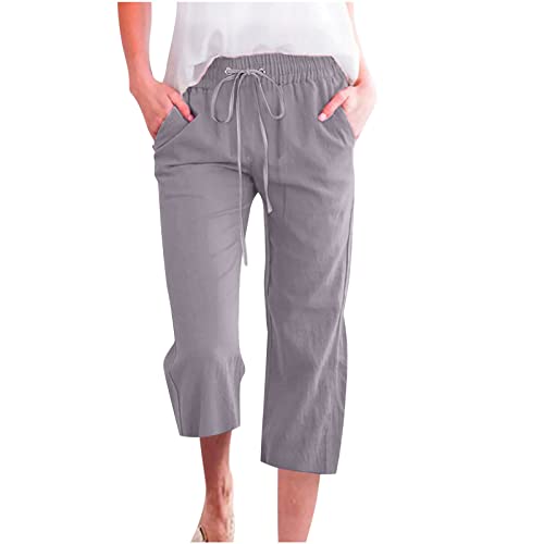 Huoghebg Leinenhose Damen Sommer Frauen 3/4 Musselin Hose Leicht Leinen Sommerhose Mit Taschen Causal Locker Baumwolle Caprihose Elastische Bequeme Stoffhose Sport Freizeit Strandhose Mit Tunnelzug von Huoghebg