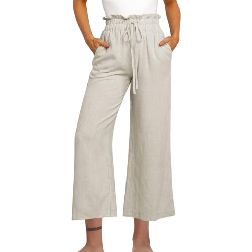 Huoghebg Leinenhose Damen Sommer Frauen Baumwolle Leinen Hosen Casual Leichte Palazzo Hohe Taille Einfarbig Musselin Freizeithose Weites Bein Elegant Elastisch Gerade Sommerhose Mit Taschen Tunnelzug von Huoghebg