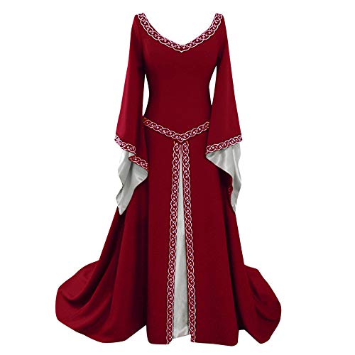 Mittelalter Kleid Damen mit Trompetenärmel Party Kostüm Bodenlang Vintage Retro Renaissance Costume Maxikleid Einfarbig Kleider Prinzessin Kleidung Partykleid für Halloween Karneval Cosplay Kostüm Set von Huoghebg