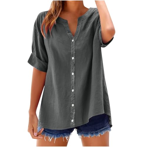 Musselin Bluse Damen Günstig, Leinen Blusen Für Damen Baumwolle Große Größen Casual Oberteile Locker Tops Elegante Blusenshirt Tunika Basic Shirt Oversized V Ausschnitt Mode Freizeithemd von Huoghebg