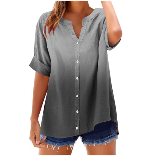Musselin Bluse Damen Günstig, Leinen Blusen Für Damen Baumwolle Große Größen Casual Oberteile Locker Tops Elegante Blusenshirt Tunika Basic Shirt Oversized V Ausschnitt Mode Freizeithemd von Huoghebg