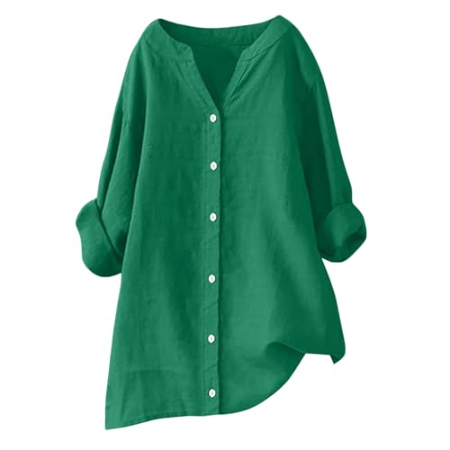 Musselin Bluse Damen Günstig Lässiges Langarm Hemdbluse Elegant Blusen & Tuniken für Damen Baumwolle Leinen Solide Sommer Loose Oberteile Übergröße V-Ausschnitt Langarmshirt von Huoghebg