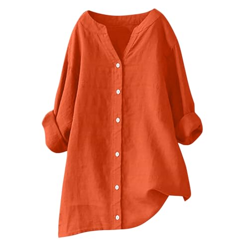 Musselin Bluse Damen Günstig Lässiges Langarm Hemdbluse Elegant Blusen & Tuniken für Damen Baumwolle Leinen Solide Sommer Loose Oberteile Übergröße V-Ausschnitt Langarmshirt von Huoghebg