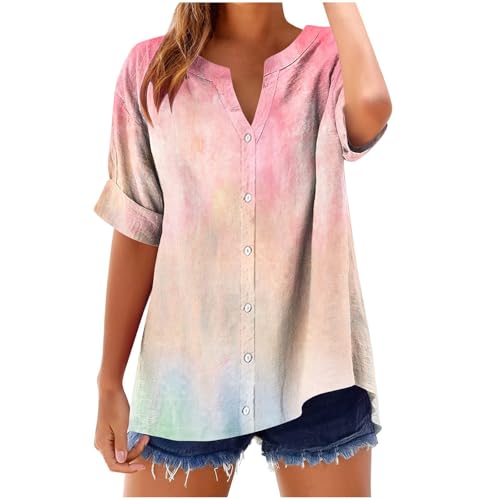 Musselin Bluse Damen Oversized Sale Clearance, Leinenbluse Damen, Sommer Button Down Leinenhemd Oberteile V Ausschnitt Leinenbluse Bluse Baumwolle Hemd Solide Top Große Größen Kleidung von Huoghebg