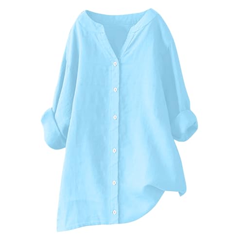 Musselin Bluse Damen Oversized Sale Clearance Damen Baumwolle Leinen Causal Lässige Langarm Oberteile Große Größen Tops V-Ausschnitt Langarmshirt Shirts Tunika Hemd Übergröße Blusen von Huoghebg