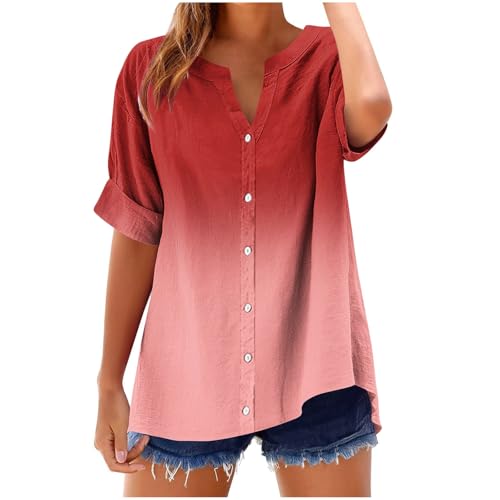 Musselin Bluse Damen Sale Angebote, Leinenbluse Damen Sommer Button Down Leinenhemd Oberteile Große Größen V Ausschnitt Leinen Baumwolle Hemd Übergröße Lockere Musselin Hemd Solide Top von Huoghebg