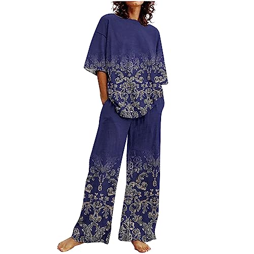 Musselin Zweiteiler Damen Sale Clearance Elegant Schicke Baumwolle Leinen Bedruckte Hose Kurzarm Hemd Set Lässiger Zweiteiliger Anzug, Jogginganzug Trainingsanzug Sommer Outfits Leicht Und Luftig von Huoghebg