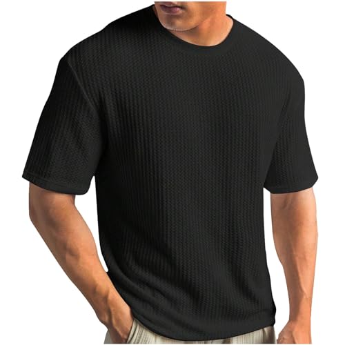 Oversized Tshirt Herren Sale Strick Tshirt Einfarbig Casual Rundhals Strickshirt Sommer Gerippt T Shirt Große Größen Waffle Sportshirt Leichte Kurzarm Oberteile Bequem Basic Top Fitnessshirt S-5XL von Huoghebg