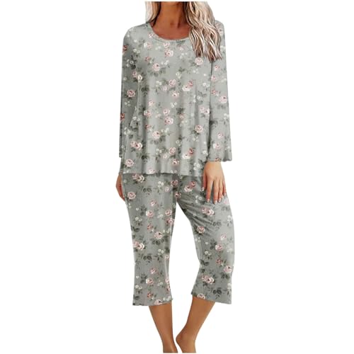 Pyjama Set Damen Sale Angebote Leo Printed Langarm Nachtwäsche Pyjamas Sets Zweiteiliger Schlafanzüge Hausanzug Schlafanzug T Shirt und 3/4 Lang Schlafhose Elegant Bequeme Schlafshirt Sleepwear von Huoghebg