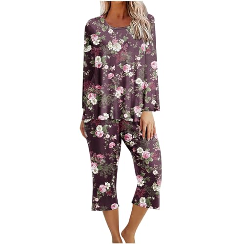 Pyjama Set Damen Sale Angebote Leo Printed Langarm Nachtwäsche Pyjamas Sets Zweiteiliger Schlafanzüge Hausanzug Schlafanzug T Shirt und 3/4 Lang Schlafhose Elegant Bequeme Schlafshirt Sleepwear von Huoghebg