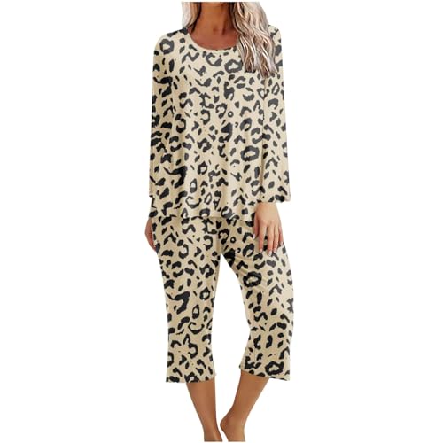 Pyjama Set Damen Sale Angebote Leo Printed Langarm Nachtwäsche Pyjamas Sets Zweiteiliger Schlafanzüge Hausanzug Schlafanzug T Shirt und 3/4 Lang Schlafhose Elegant Bequeme Schlafshirt Sleepwear von Huoghebg