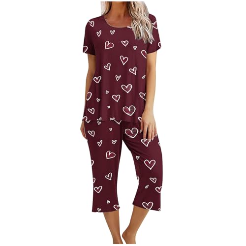 Schlafanzug Damen Kurz Sale Clearance Sommer Pyjama Set Kurzarm Shirt mit 3/4 Lange Capri Hose Zweiteiliger Leicht Printed Sleepwear Oberteil und Hose Caprihose Nachtwäsche Pjs Sets mit Taschen von Huoghebg