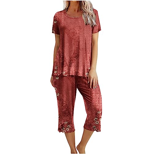 Schlafanzug Damen Kurz Sale Clearance Sommer Pyjama Set Kurzarm Shirt mit 3/4 Lange Capri Hose Zweiteiliger Leicht Printed Sleepwear Oberteil und Hose Caprihose Nachtwäsche Pjs Sets mit Taschen von Huoghebg