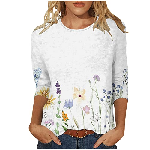 Shirt Damen 3/4 Ärmel Frauen Tshirt Basic Rundhals Casual Bedrucken Oberteile Leichte Freizeit Damen T-Shirt 3/4 Arm Blusen Shirt mit Allover-Minimal Print Lose Stretch Casual Oberteil von Huoghebg