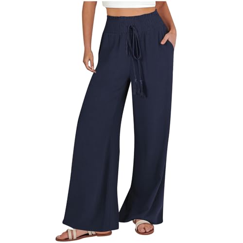 Sommerhose Damen Leicht, Hosen Damen Weites Bein Leichte Palazzo Gerade Geschnitten Hose High Waist Baggy Freizeithose Locker Stoffhose Elegant Einfarbig Lang Leinenhose mit Taschen und Kordelzug von Huoghebg