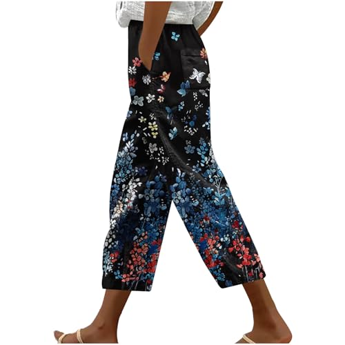 Huoghebg Sommerhose Damen Leicht Frauen Blumen Länge Stoffhose 7/8 Luftig Lockere Dünne Relaxhose Lässige Blumenprint Haremshose Bequeme Freizeithose Strandhose Leichte Straight Leg Hose Mit Taschen von Huoghebg