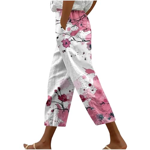 Huoghebg Sommerhose Damen Leicht Frauen Blumen Länge Stoffhose 7/8 Luftig Lockere Dünne Relaxhose Lässige Blumenprint Haremshose Bequeme Freizeithose Strandhose Leichte Straight Leg Hose Mit Taschen von Huoghebg