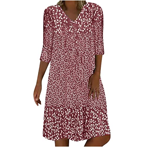 Sommerkleid Damen Knielang Frauen Leicht Midi Kleid V-Ausschnitt 3/4 Ärmel T-Shirt Kleider Swiss Dot Frauen Blusenkleid Boho Strandkleider Vintage Lose Freizeitkleider Dress von Huoghebg