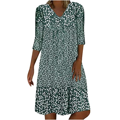 Sommerkleid Damen Knielang Frauen Leicht Midi Kleid V-Ausschnitt 3/4 Ärmel T-Shirt Kleider Swiss Dot Frauen Blusenkleid Boho Strandkleider Vintage Lose Freizeitkleider Dress von Huoghebg