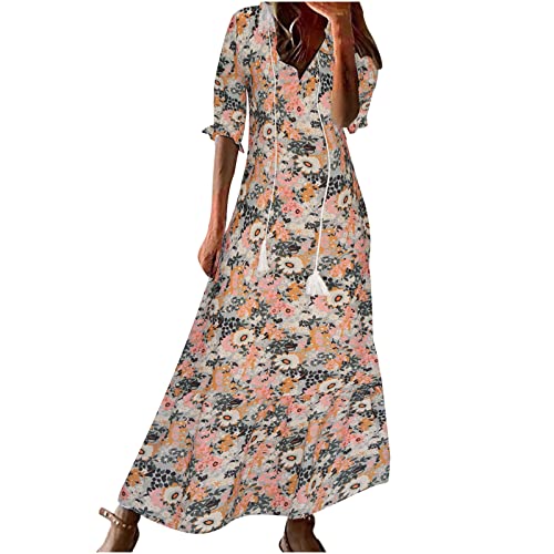 Sommerkleid Damen Lang Frauen, Maxikleid Damen Sommer Elegant V-Ausschnitt Blumenkleid Boho Vintage Rüschen Maxikleider Floral Strandkleid Leicht Bequeme Tunika Kleider Cocktailkleid Partykleid von Huoghebg