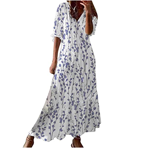 Sommerkleid Damen Lang Frauen, Maxikleid Damen Sommer Elegant V-Ausschnitt Blumenkleid Boho Vintage Rüschen Maxikleider Floral Strandkleid Leicht Bequeme Tunika Kleider Cocktailkleid Partykleid von Huoghebg