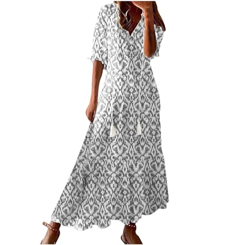 Sommerkleid Damen Lang Frauen, Maxikleid Damen Sommer Elegant V-Ausschnitt Blumenkleid Boho Vintage Rüschen Maxikleider Floral Strandkleid Leicht Bequeme Tunika Kleider Cocktailkleid Partykleid von Huoghebg