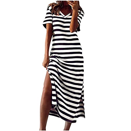 Sommerkleid Damen Lang Frauen Gestreifte T Shirt Kleid Sommer Maxikleid Kurzarm V-Ausschnitt Streifen Lässiges Lockeres Tunika Kleider mit Schlitz Shirtkleider Strandkleid Freizeitkleid Leicht Kleid von Huoghebg