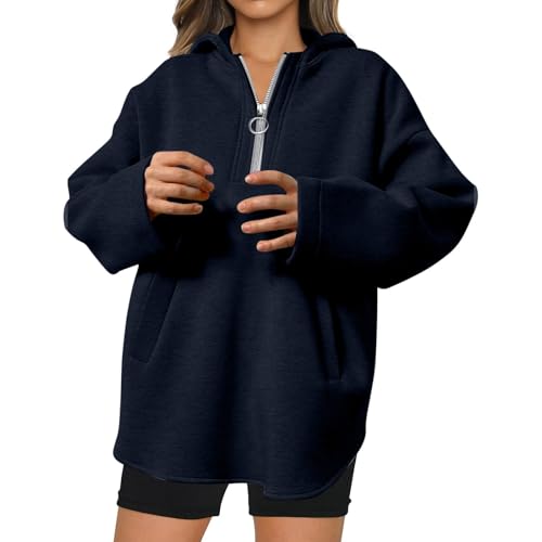 Sweatshirt Damen Oversized Pullover Einfarbige übergroßer Half Zip Kapuzenpullover mit Taschen V-Ausschnitt Hoodie Tops Casual Y2k Streetwear Sportjacke Lockere Oberteile Warm Sportshirt Outdoor von Huoghebg