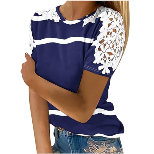 Tshirt Damen Elegant Spitzenärmel Kurzarm Sommer Geblümt Drucken Bluse Tops Spitzennähte T-Shirt Rundhals Spitze Aushöhlen Tunika Top Gestreiftes Oberteile Mode Leicht Bequemes Oberteil von Huoghebg