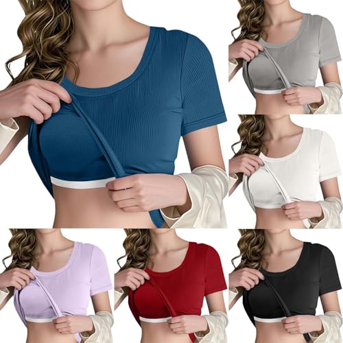 Tshirt Damen Günstig Elegant Basic T-Shirt Gerippt Kurzarm mit Integriertem BH Rundhals Crop Top Ohne Bügel Bustier Hemdchen Slim Fit Tops Sport Oberteile Casual Einfarbig Stretch Shirts S-XXL von Huoghebg