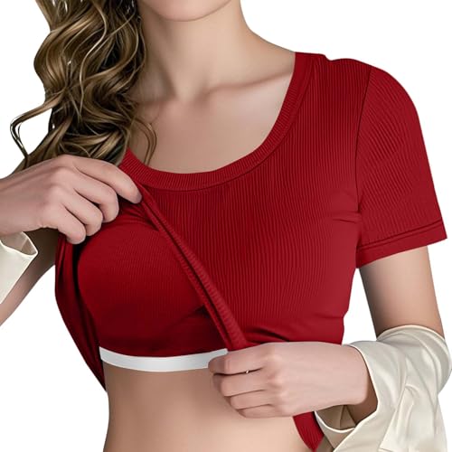 Tshirt Damen Günstig Elegant Basic T-Shirt Gerippt Kurzarm mit Integriertem BH Rundhals Crop Top Ohne Bügel Bustier Hemdchen Slim Fit Tops Sport Oberteile Casual Einfarbig Stretch Shirts S-XXL von Huoghebg