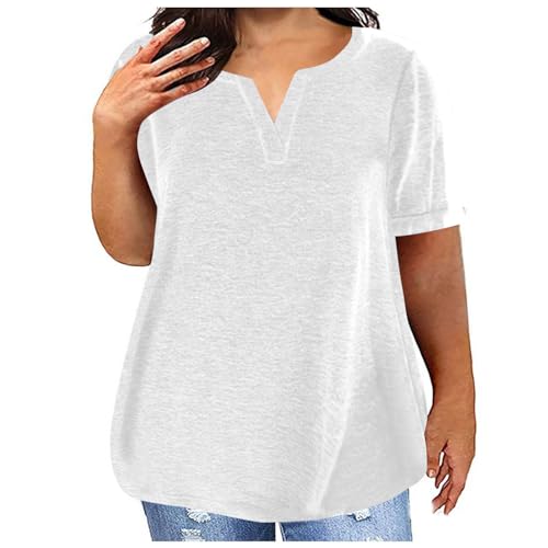 Tshirt Damen Sommer Oversize Warehouse Frauen Kurzarm Basic Einfarbig Shirts Große Größen Umstandstop Elegant V-Ausschnitt Bluse Tunika Tops Weiss Lässig Locker Sportshirt L-5XL von Huoghebg
