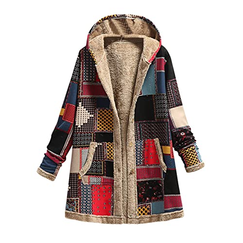 Winterjacke Damen Kapuzenmantel im Vintage Ethno Stil Plus Samt Kapuzenjacke Oberbekleidung mit Mode Print Lässiger Lockerer Langarm Kapuzenpulli Winter Warmer Boho Mantel mit Knopf und Tasche von Huoghebg