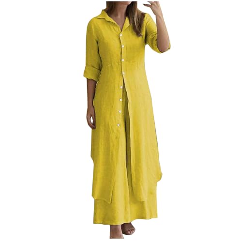 Zweiteiler Damen Elegant Lounge Set V-Ausschnitt Einfarbig Loungewear Baumwolle Musselin Bluse Top Langärm mit Hose 2-Teiliges Hausanzug Jogginganzug Freizeitanzug Hauskleidung Freizeit Outfit von Huoghebg