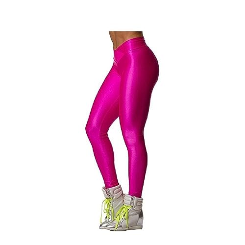 Hupplle Damen 80er Jahre Neon Glänzende Leggings Hohe Taille Dehnbar Spandex Skinny Pants Buttery Soft Yoga Workout Strumpfhose, Knallpink (Hot Pink), S von Hupplle